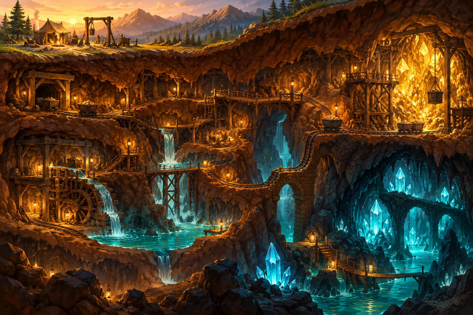 Galerías iluminadas por faroles, vetas de oro y cuevas de cristales bajo un campamento de montaña