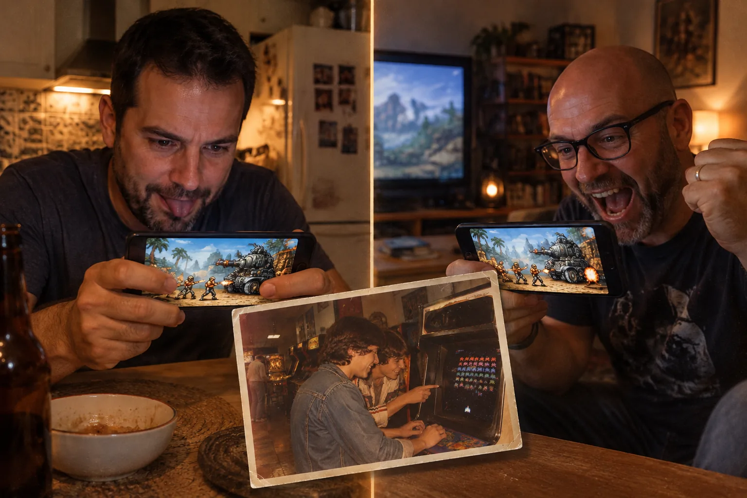 Dos amigos juegan juntos a Metal Slug, cada uno desde su casa, sobre una foto de cuando eran chavales jugando al Galaxian en los recreativos