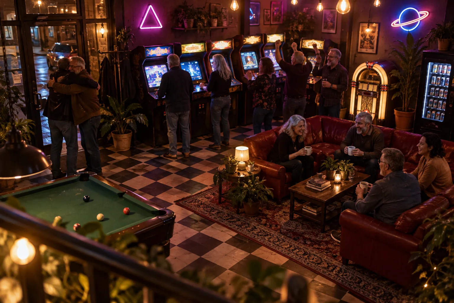 Un salón recreativo lleno de gente: unos juegan, otros miran por encima del hombro y otros charlan en los sofás