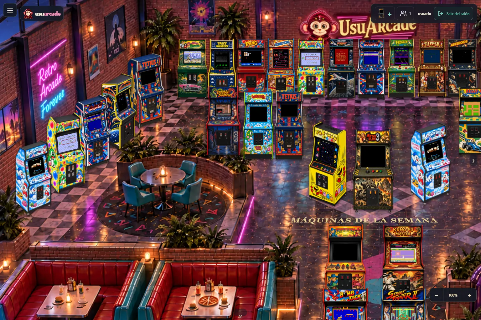 Captura del salón de UsuArcade con sus máquinas recreativas
