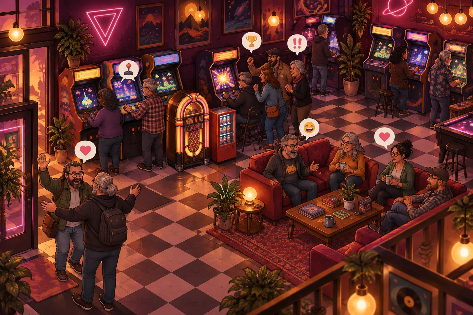 Un salón recreativo lleno de gente: unos juegan, otros miran por encima del hombro y otros charlan en los sofás