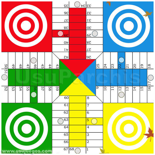 Tablero de UsuParchís con sus cuatro colores: rojo, azul, verde y amarillo